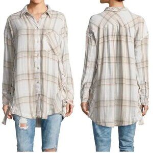 FREE PEOPLE NORDIC PLAID BUTTON DOWN OVER SIZED SHIRT TAN & WHITE LARGE